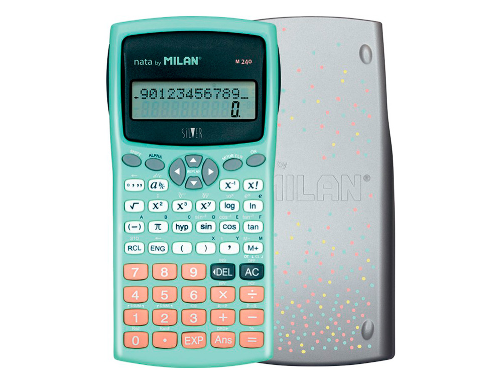 CALCULADORA MILAN CIENTIFICA M240 SILVER 2 LINHAS 240 FUNCOES 10+2 DIGITOS COR VERDE TURQUESA COM TAMPA COR PRATA