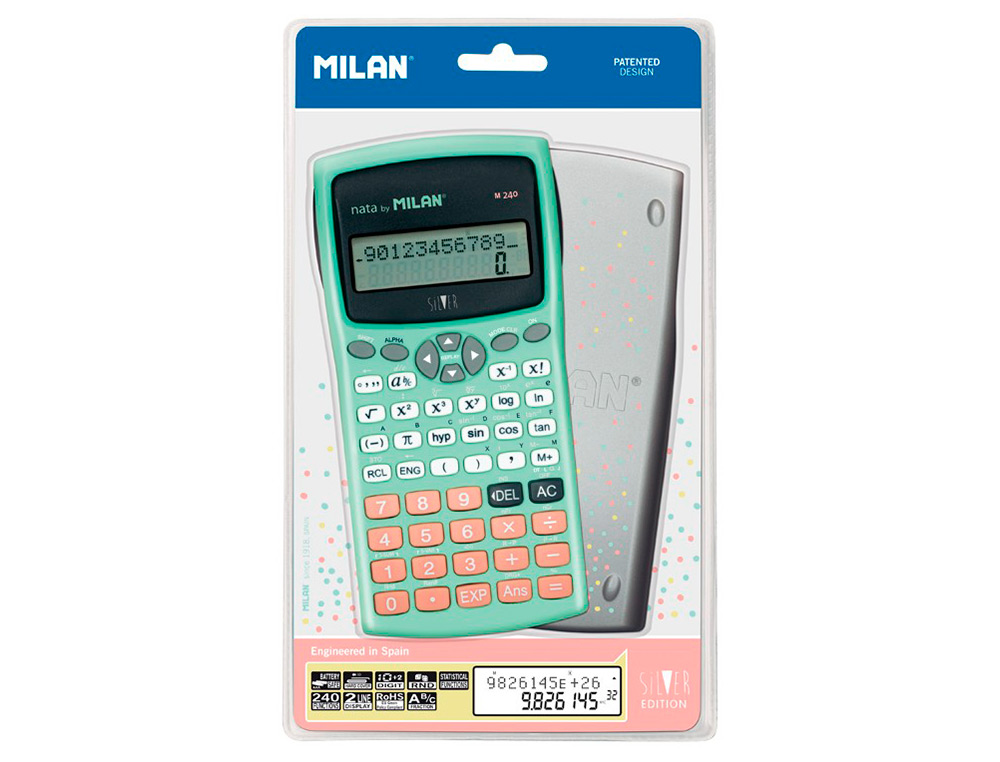 CALCULADORA MILAN CIENTIFICA M240 SILVER 2 LINHAS 240 FUNCOES 10+2 DIGITOS COR VERDE TURQUESA COM TAMPA COR PRATA