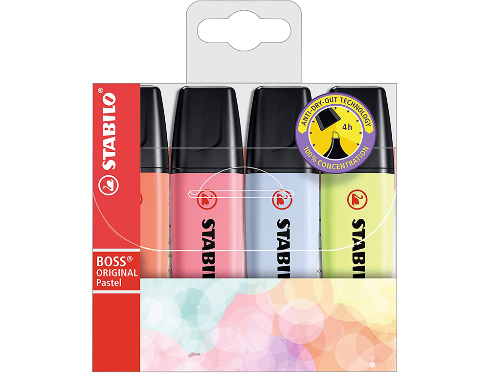 MARCADOR FLUORESCENTE STABILO BOSS 70 PASTEL ESTOJO DE 4 UNIDADES CORES NOVAS 2021 SORTIDAS