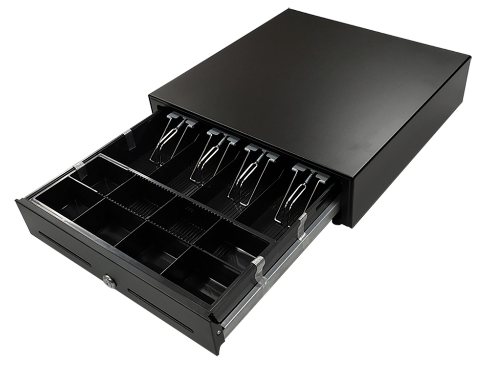GAVETA DE DINHEIRO SEYPOS ELETRICO METALICO COMPARTIMENTOS 8 MOEDAS 4 NOTAS RANHURA FRONTAL FECHADURA COM CHAVE COR PRET