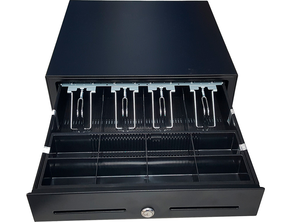 GAVETA DE DINHEIRO SEYPOS ELETRICO METALICO COMPARTIMENTOS 8 MOEDAS 4 NOTAS RANHURA FRONTAL FECHADURA COM CHAVE COR PRET