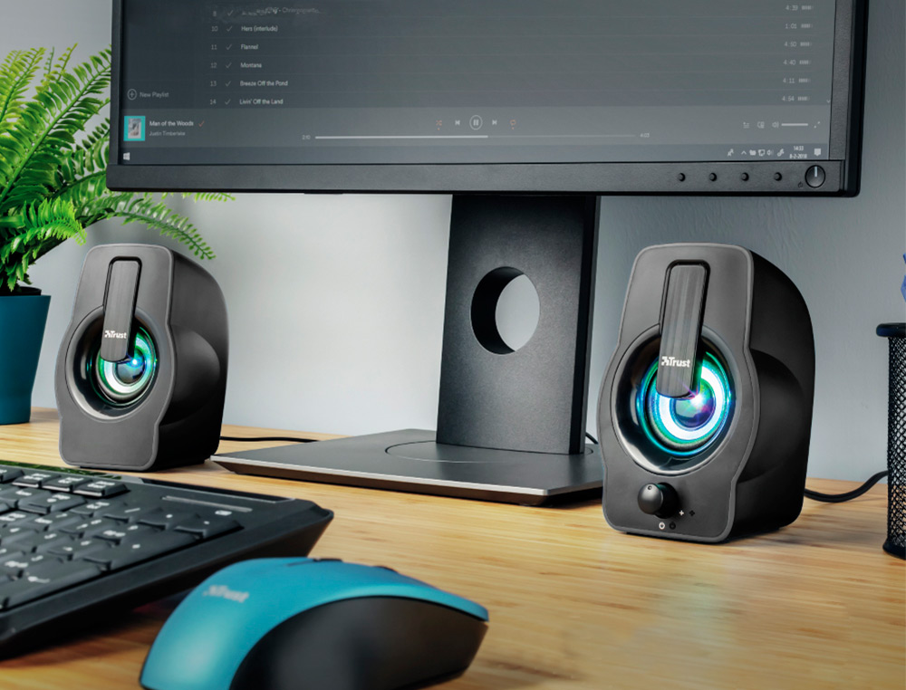 COLUNAS TRUST GEMI 2.0 POTENCIA MAX 12W ILUMINACAO LED CONTROLO DE VOLUME E CONEXAO AURICULARES USB COR PRETO