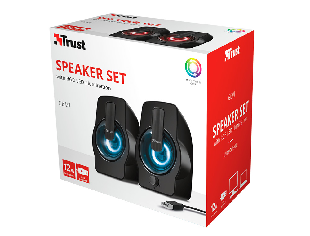 COLUNAS TRUST GEMI 2.0 POTENCIA MAX 12W ILUMINACAO LED CONTROLO DE VOLUME E CONEXAO AURICULARES USB COR PRETO