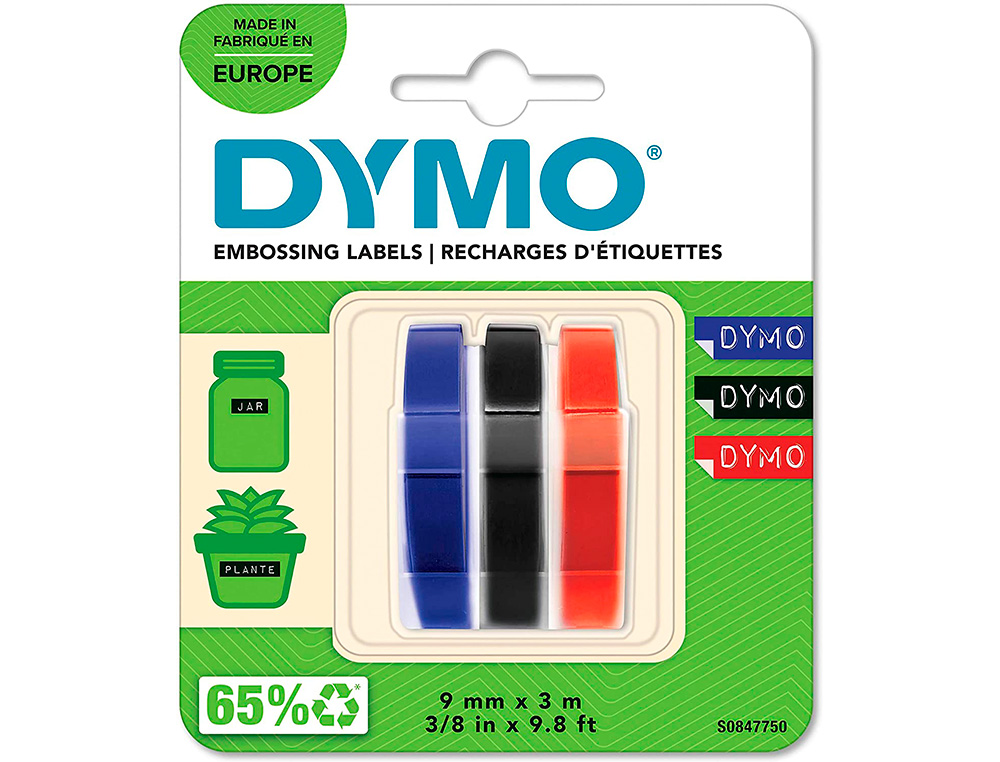FITA DYMO 3D 9MM X 3MT PARA ETIQUETADORA OMEGA/JUNIOR COR AZUL/PRETO/VERMELHO BLISTER 3 UNIDADES