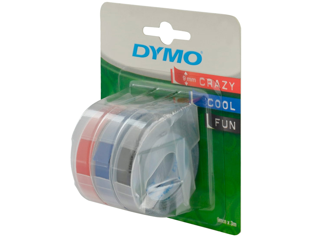 FITA DYMO 3D 9MM X 3MT PARA ETIQUETADORA OMEGA/JUNIOR COR AZUL/PRETO/VERMELHO BLISTER 3 UNIDADES
