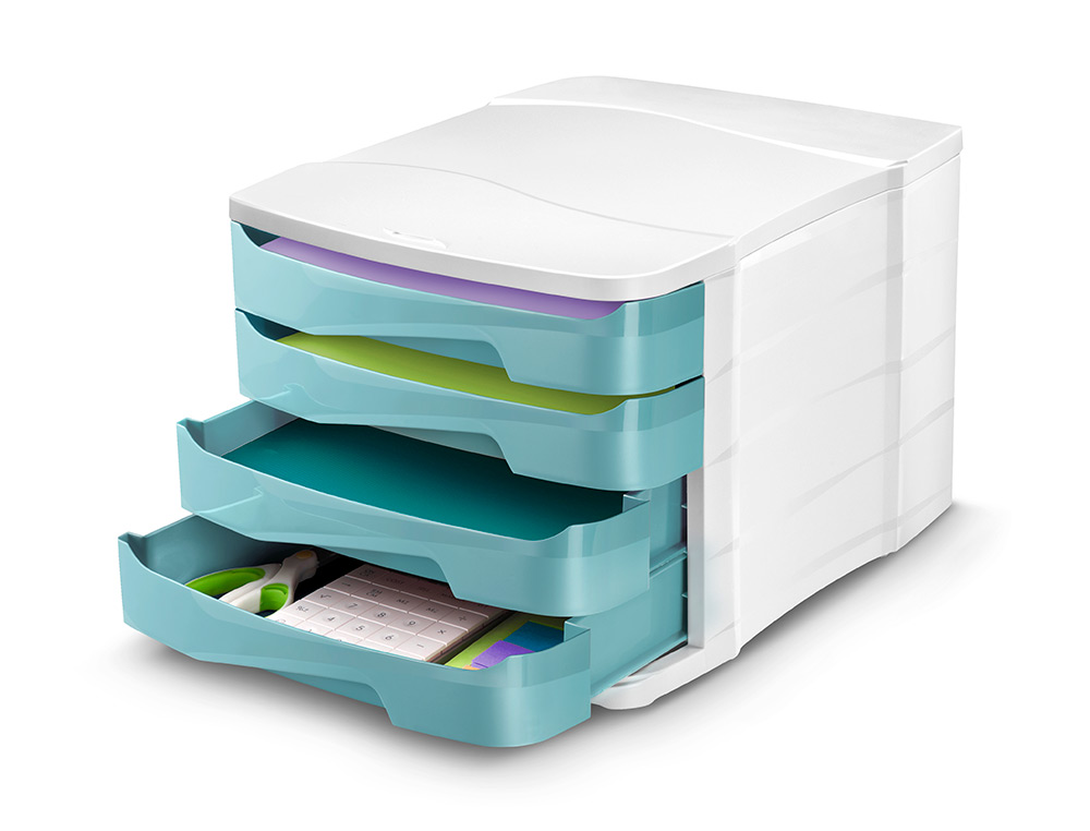 BLOCO CLASSIFICADOR DE SECRETARIA CEP PROTECT ANTIBACTERIANO 4 GAVETAS COR BRANCO/VERDE AGUA 292X386X246 MM