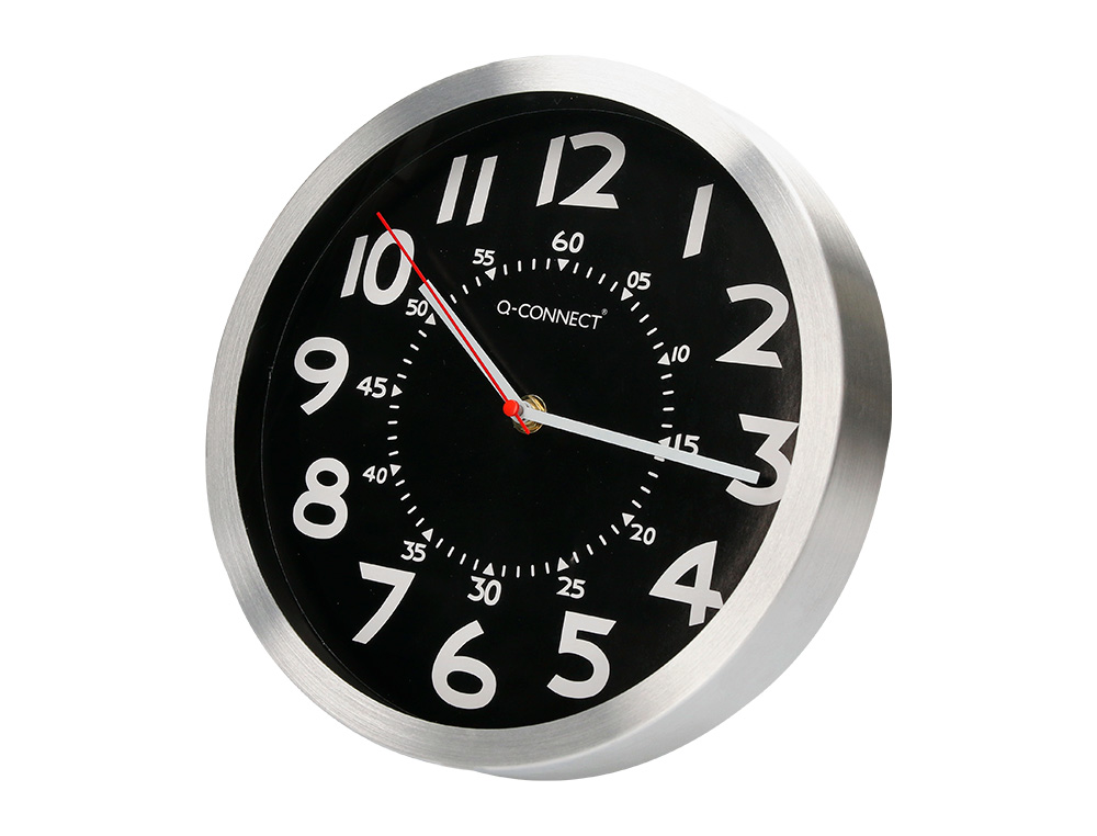 RELOGIO Q-CONNECT DE PAREDE METALICO REDONDO 25 CM MOVIMENTO SILENCIOSO COR CROMADO COM ESFERA PRETA
