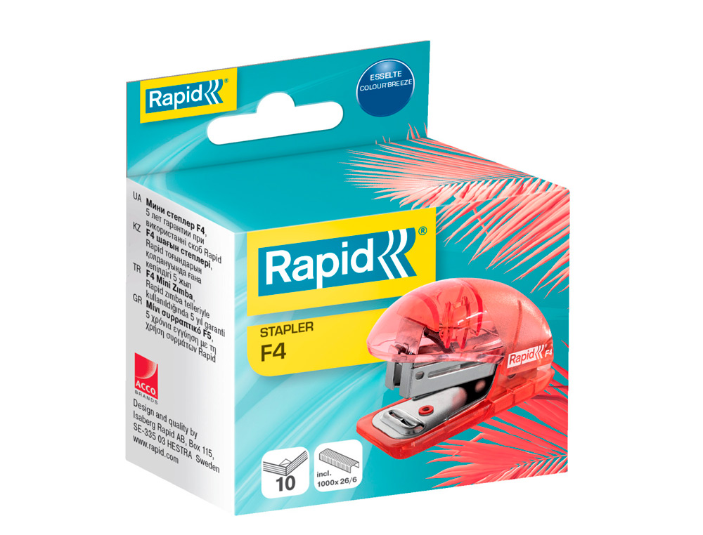 AGRAFADOR RAPID MINI F4 COLOUR BREEZE USA AGRAFES 24/6 E 26/6 COR LAVANDA EM BLISTER