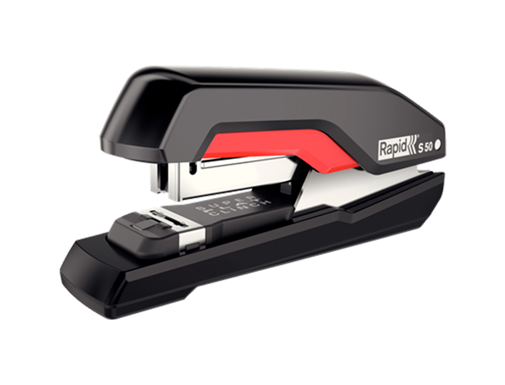 AGRAFADOR RAPID SUPREME S50 PLASTICO CAPACIDADE 50 FOLHAS USA AGRAFES 24/6-8+ E 26/6-8+ COR PRETO/VERMELHO
