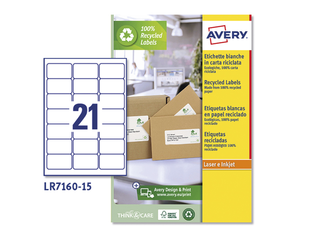 ETIQUETA ADESIVA AVERY BRANCA PERMANENTE RECICLADA 100% PARA IMPRESSORA LASER 63,5X38,1 MM CAIXA DE 315 UNIDADES
