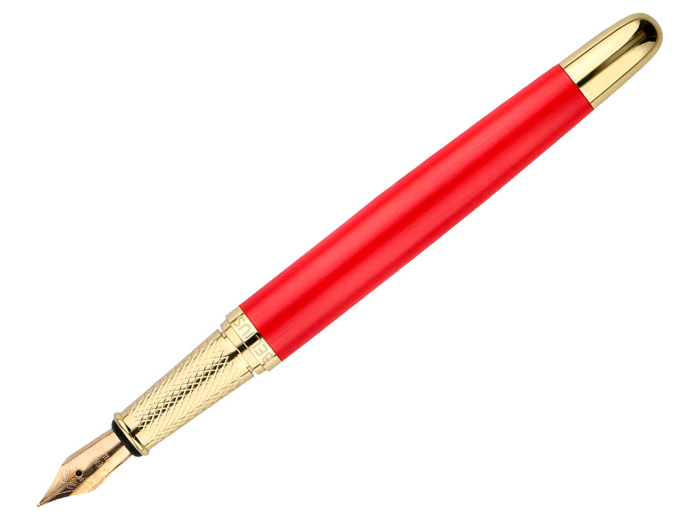 CANETA BELIUS PASSION DOR ALUMINIO TEXTURA ESCOVADO DESENHO VERMELHO E DOURADO TINTA AZUL CAIXA DESIGN