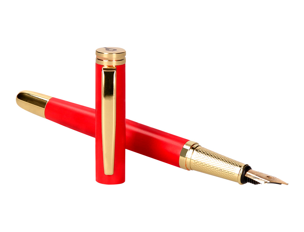 CANETA BELIUS PASSION DOR ALUMINIO TEXTURA ESCOVADO DESENHO VERMELHO E DOURADO TINTA AZUL CAIXA DESIGN