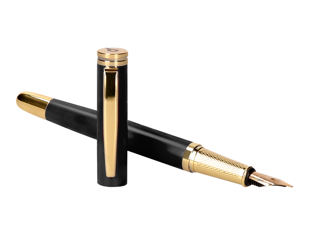 CANETA E ESTOJO COURO BELIUS PASSION DOR ALUMINIO TEXTURA ESCOVADO PRETO E DOURADO TINTA AZUL CAIXA DESIGN