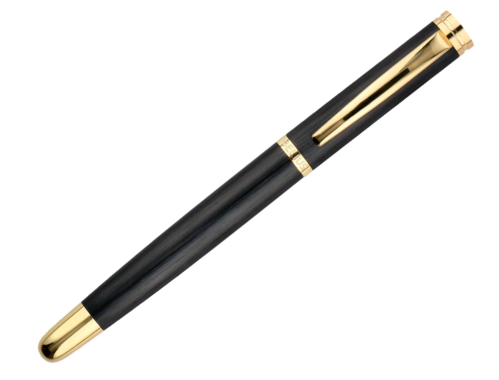 CANETA E ESTOJO COURO BELIUS PASSION DOR ALUMINIO TEXTURA ESCOVADO PRETO E DOURADO TINTA AZUL CAIXA DESIGN