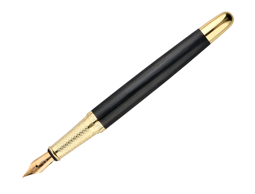 CANETA E ESTOJO COURO BELIUS PASSION DOR ALUMINIO TEXTURA ESCOVADO PRETO E DOURADO TINTA AZUL CAIXA DESIGN