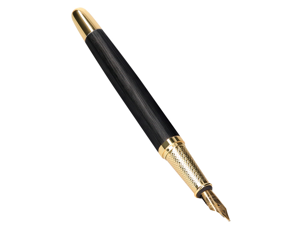 CANETA E ESTOJO COURO BELIUS PASSION DOR ALUMINIO TEXTURA ESCOVADO PRETO E DOURADO TINTA AZUL CAIXA DESIGN