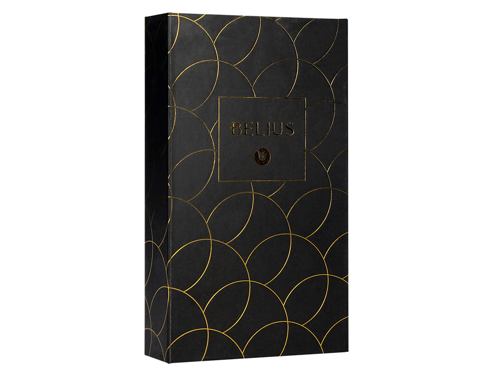 CANETA E ESTOJO COURO BELIUS PASSION DOR ALUMINIO TEXTURA ESCOVADO PRETO E DOURADO TINTA AZUL CAIXA DESIGN