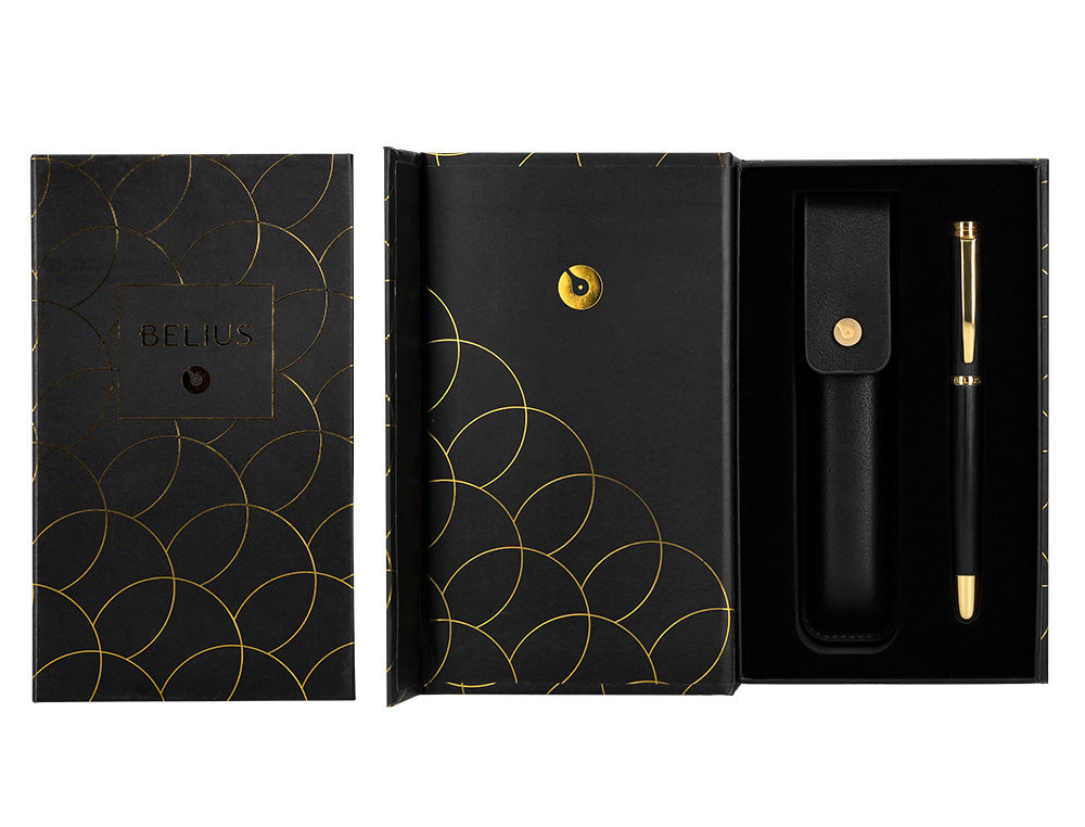 CANETA E ESTOJO COURO BELIUS PASSION DOR ALUMINIO TEXTURA ESCOVADO PRETO E DOURADO TINTA AZUL CAIXA DESIGN