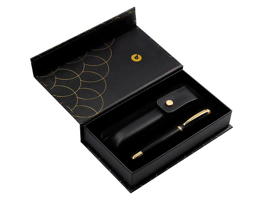 CANETA E ESTOJO COURO BELIUS PASSION DOR ALUMINIO TEXTURA ESCOVADO PRETO E DOURADO TINTA AZUL CAIXA DESIGN