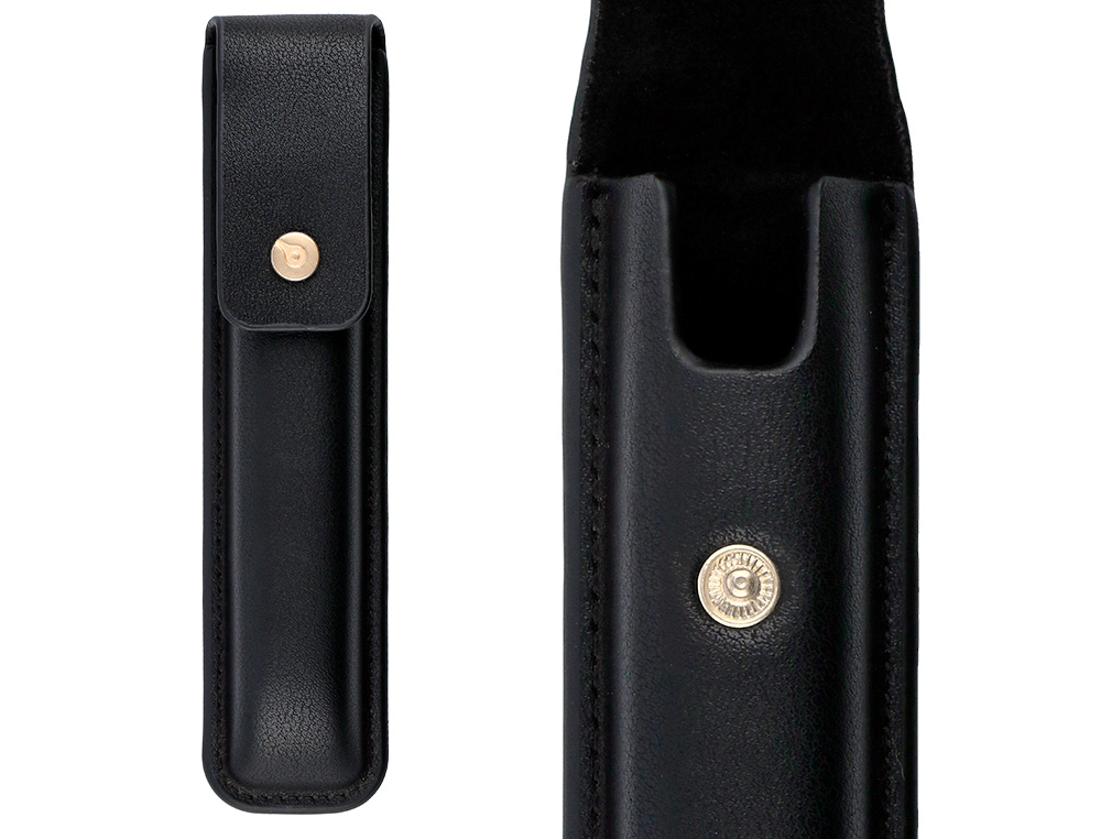 CANETA E ESTOJO COURO BELIUS PASSION DOR ALUMINIO TEXTURA ESCOVADO PRETO E DOURADO TINTA AZUL CAIXA DESIGN