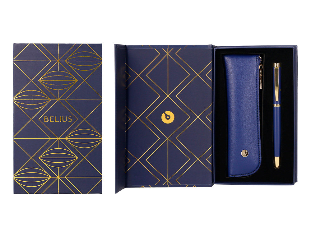 CANETA E ESTOJO BELIUS SOIREE DESENHO ART DECO AZUL MARINHO E DOURADO TINTA AZUL CAIXA DESIGN