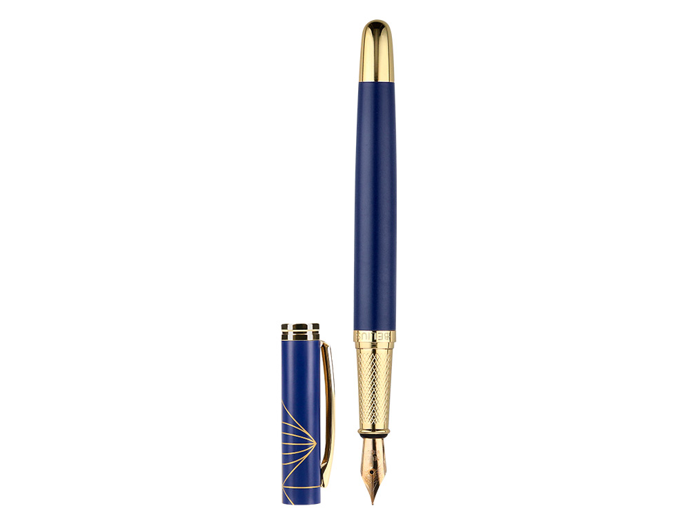 CANETA E ESTOJO BELIUS SOIREE DESENHO ART DECO AZUL MARINHO E DOURADO TINTA AZUL CAIXA DESIGN