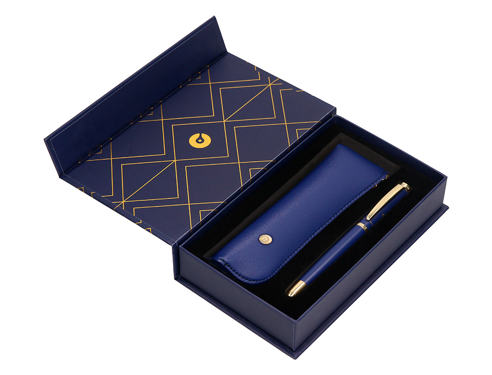 CANETA E ESTOJO BELIUS SOIREE DESENHO ART DECO AZUL MARINHO E DOURADO TINTA AZUL CAIXA DESIGN