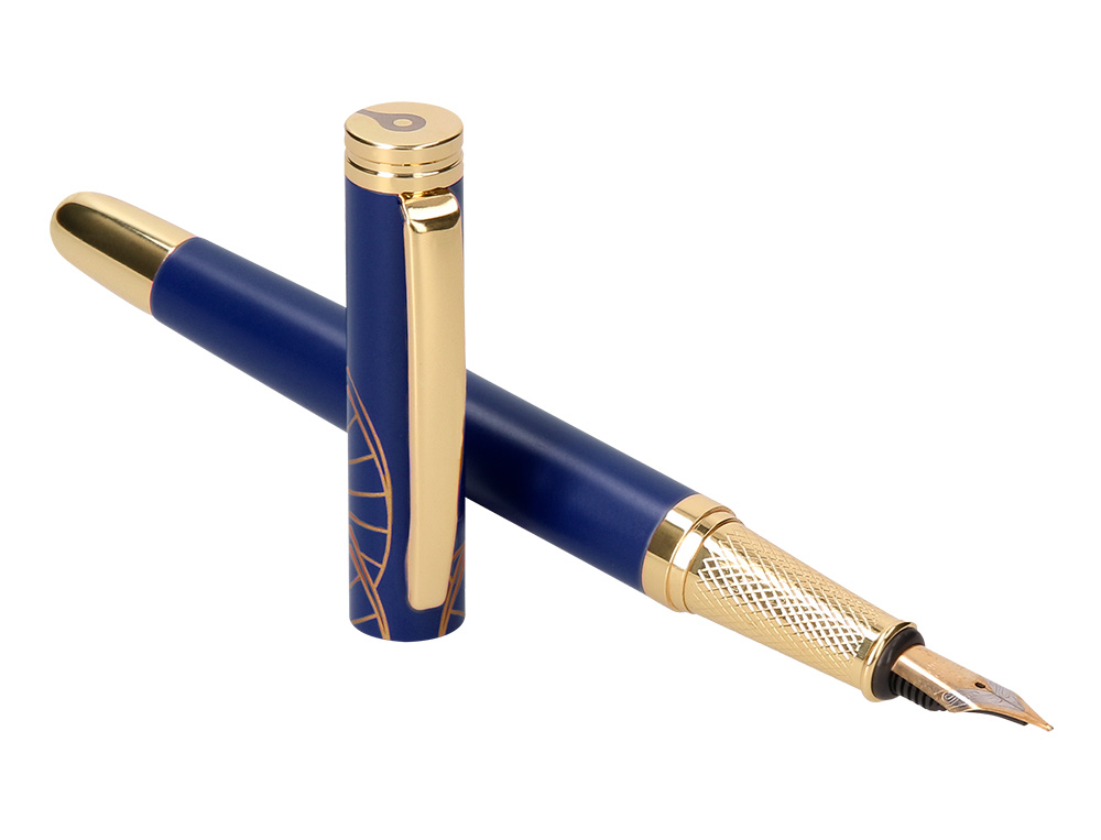 CANETA E ESTOJO BELIUS SOIREE DESENHO ART DECO AZUL MARINHO E DOURADO TINTA AZUL CAIXA DESIGN