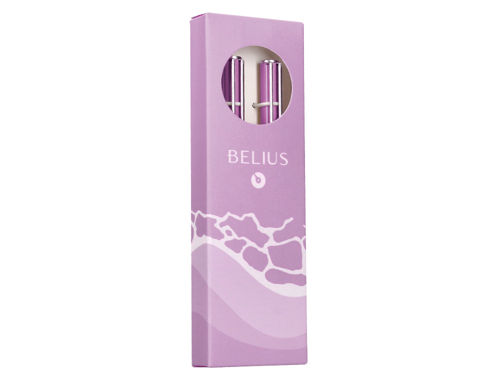 CONJUNTO ESFEROGRAFICA E ROLLER BELIUS ENDLESS SUMMER ALUMINIO DESENHO ROXO E PRATEADO TINTA AZUL CAIXA DESIGN