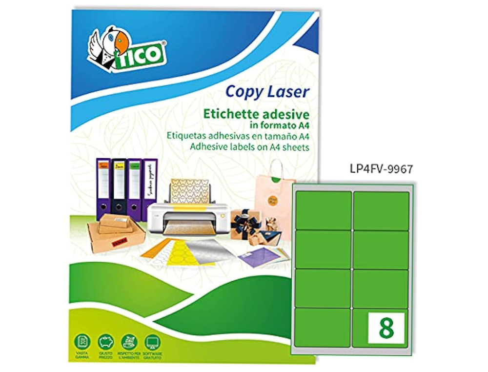 ETIQUETA ADESIVA TICO VERDE FLUOR PERMANENTE CERTIFICADO FSC LASER/JATO TINTA/FOTOCOPIA 99,1X67,7 MM CAIXA 560 UDS