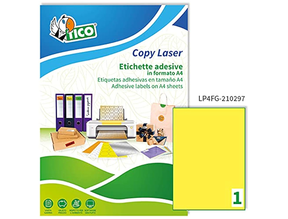 ETIQUETA ADESIVA TICO AMARELO FLUOR PERMANENTE CERTIFICADO FSC LASER/JATO TINTA/FOTOCOPIA 210X297 MM CAIXA 70 UDS