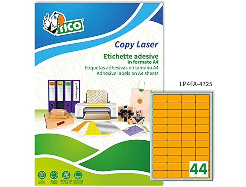 ETIQUETA ADESIVA TICO LARANJA FLUOR PERMANENTE CERTIFICADO FSC LASER/JATO TINTA/FOTOCOPIA 47,5X25,5 MM CAIXA 3080 UDS