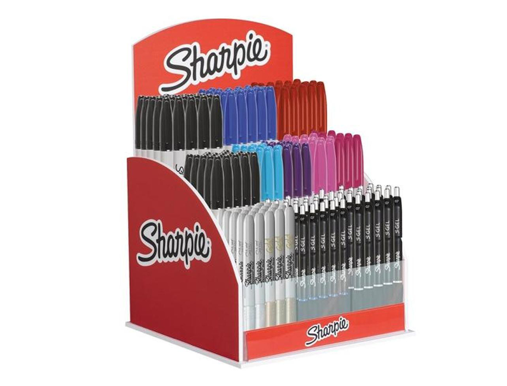EXPOSITOR SHARPIE DE SECRETARIA ACRILICO COM 120 MARCADORES PERMANENTES E 24 ESFEROGRAFICAS GEL CORES SORTIDAS