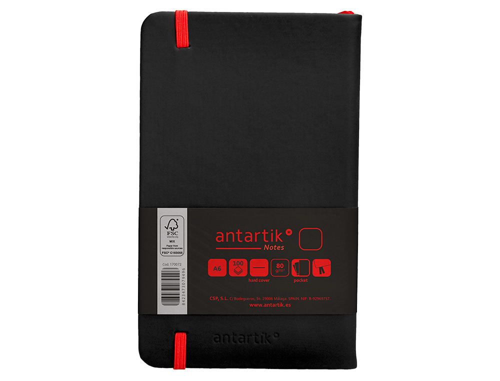 CADERNO COM ELASTICO ANTARTIK NOTES CAPA DURA A6 LISO PRETO E VERMELHO 100 FOLHAS 80 GR FSC