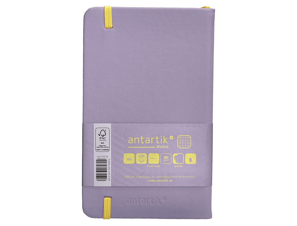 CADERNO COM ELASTICO ANTARTIK NOTES CAPA DURA A6 QUADRICULADO ROXO E AMARELO 100 FOLHAS 80 GR FSC