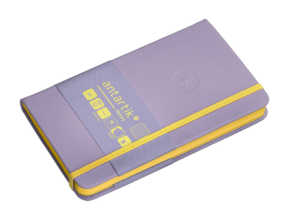 CADERNO COM ELASTICO ANTARTIK NOTES CAPA DURA A6 QUADRICULADO ROXO E AMARELO 100 FOLHAS 80 GR FSC