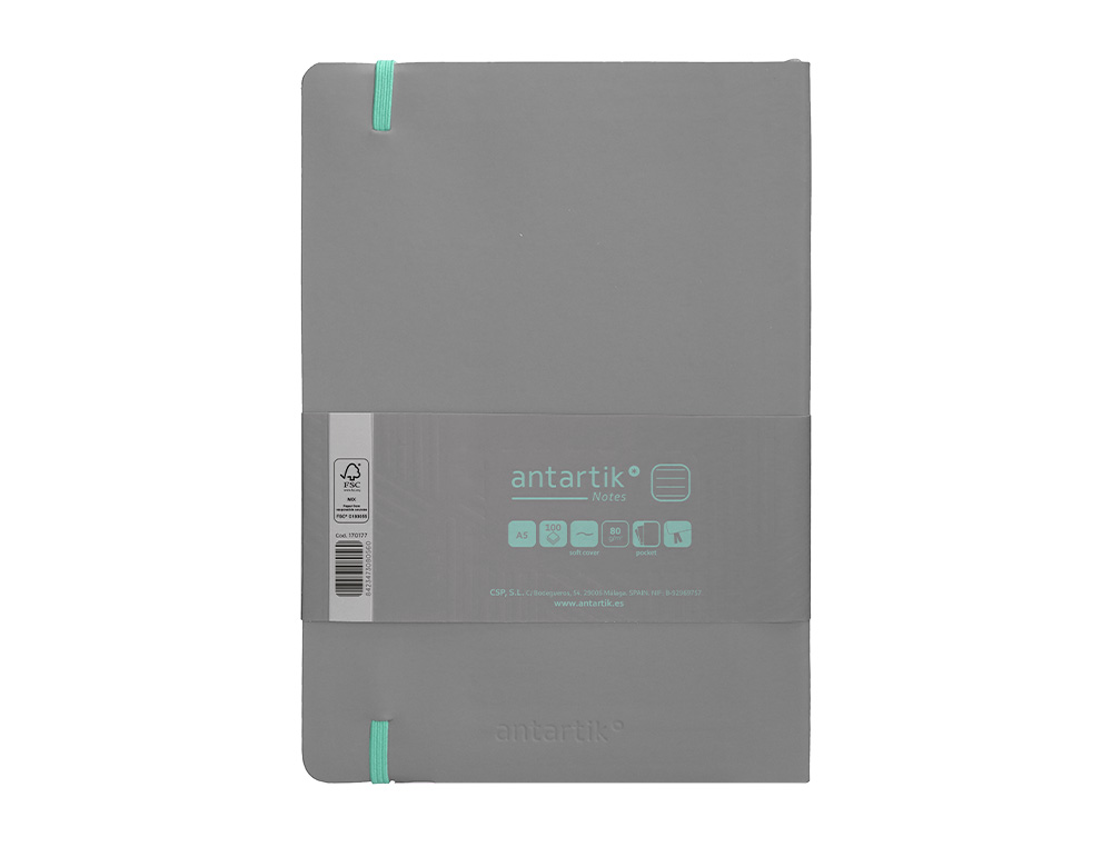 CADERNO COM ELASTICO ANTARTIK NOTES CAPA MOLE A5 PAUTADO CINZA E TURQUESA 80 FOLHAS 80 GR FSC