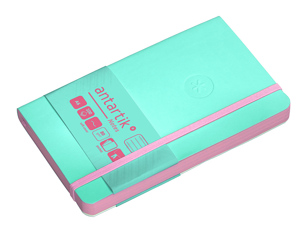 CADERNO COM ELASTICO ANTARTIK NOTES CAPA MOLE A6 PAUTADO ROSA E TURQUESA 100 FOLHAS 80 GR FSC