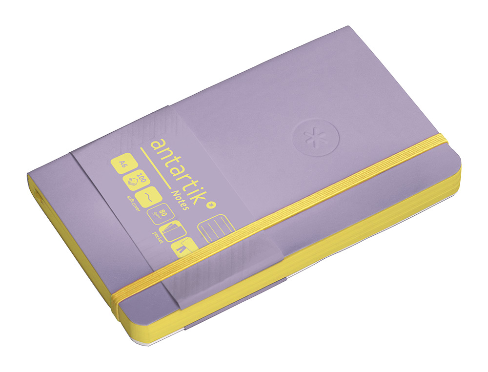 CADERNO COM ELASTICO ANTARTIK NOTES CAPA MOLE A6 PAUTADO ROXO E AMARELO 100 FOLHAS 80 GR FSC