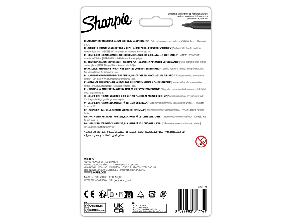 MARCADOR SHARPIE PERMANENTE FINO GLAM POP BLISTER DE 5 UNIDADES CORES SORTIDAS