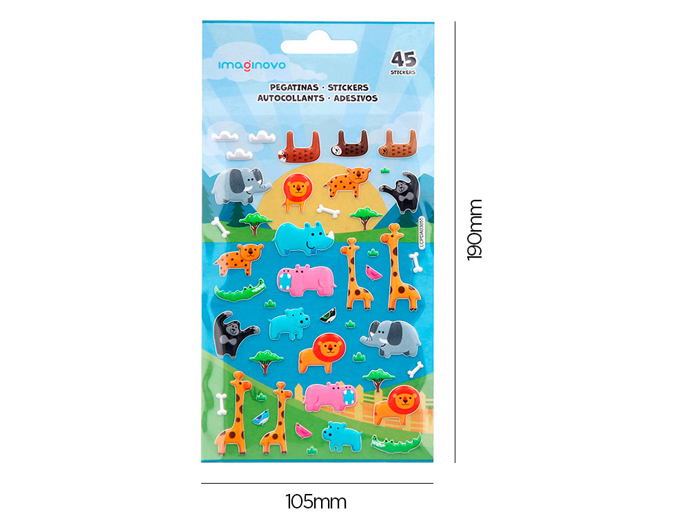 AUTOCOLANTES IMAGINOVO CUTE ANIMALS SAFARI COM RELEVO 190X105 MM EM BLISTER