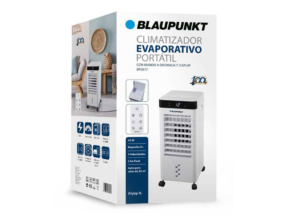 CLIMATIZADOR EVAPORATIVO BLAUPUNKT 65W DEPOSITO 8L 3 VELOCIDADES ATE 20 M2 COM RODAS E COMANDO BRANCO