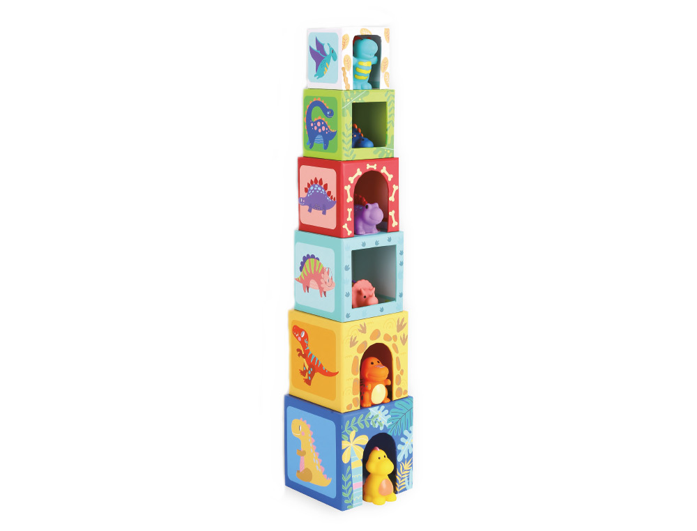 JOGO INFANTIL IMAGINOVO CUBOS EMPILHAVEIS NINHOS DINOSSAUROS +12 MESES 12 PECAS 13X13X13CM