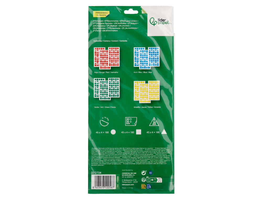 ETIQUETAS ESCOLAR LIDERPAPEL FIGURAS SORTIDAS BOLSA DE 12 FOLHAS FIGURAS GEOMETRICAS MEDIAS CORES SORTIDAS