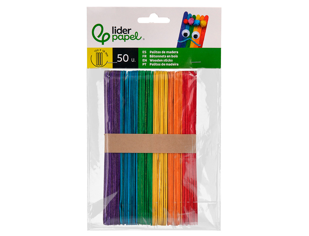 PALITOS DE MADEIRA LIDERPAPEL CORES SORTIDAS 15X1,8 CM BOLSA COM 50 UNIDADES