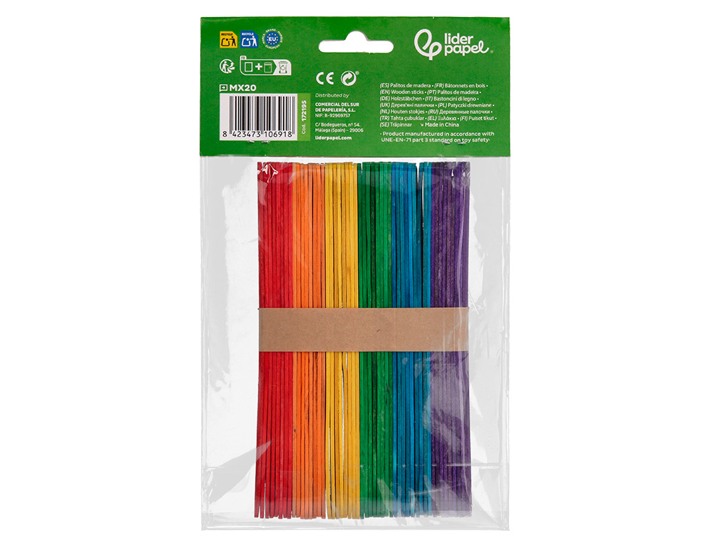 PALITOS DE MADEIRA LIDERPAPEL CORES SORTIDAS 15X1,8 CM BOLSA COM 50 UNIDADES