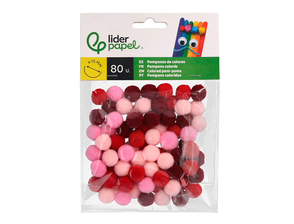 POMPONS DE CORES LIDERPAPEL 1,5 CM TONALIDADES VERMELHAS BOLSA COM 80 UNIDADES
