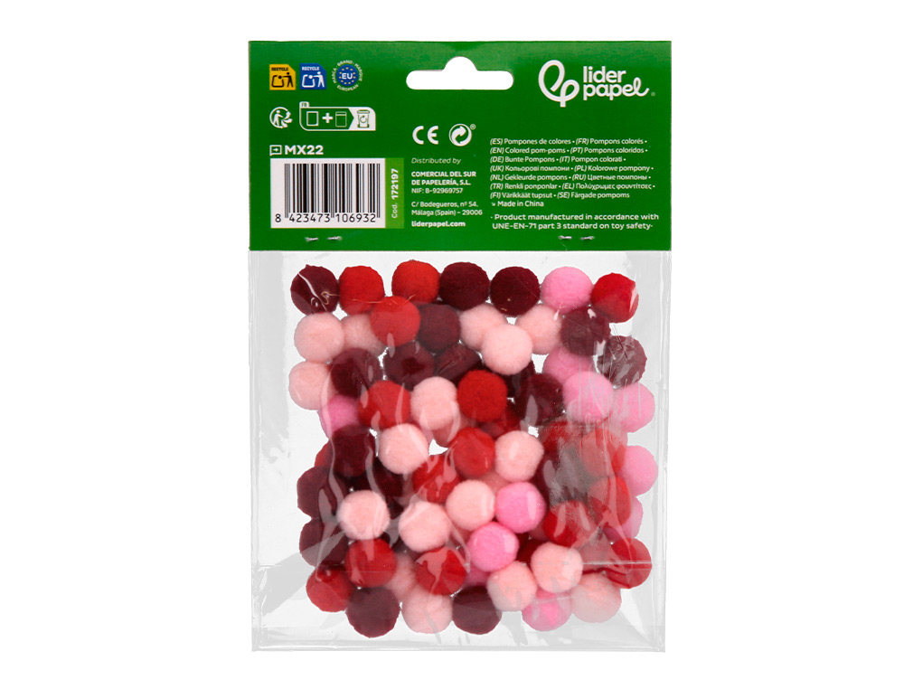 POMPONS DE CORES LIDERPAPEL 1,5 CM TONALIDADES VERMELHAS BOLSA COM 80 UNIDADES