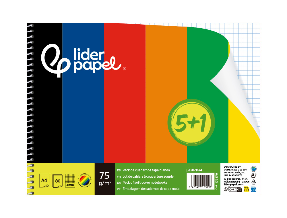 CADERNO ESPIRAL LIDERPAPEL DIN A4 SMART CAPA SUAVE 80 F 75 GR QUADRICULA 4MM COM MARGEM PACK 5+1 CORES SORTIDAS