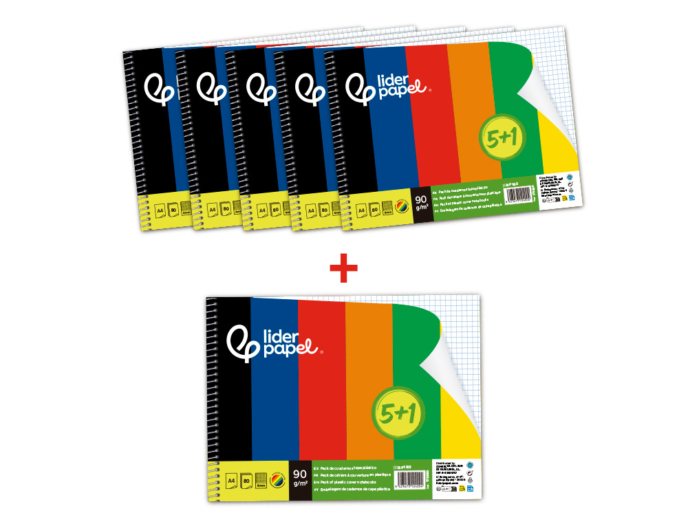 CADERNO ESPIRAL LIDERPAPEL DIN A4 SMART CAPA SUAVE 80 F 75 GR QUADRICULA 4MM COM MARGEM PACK 5+1 CORES SORTIDAS
